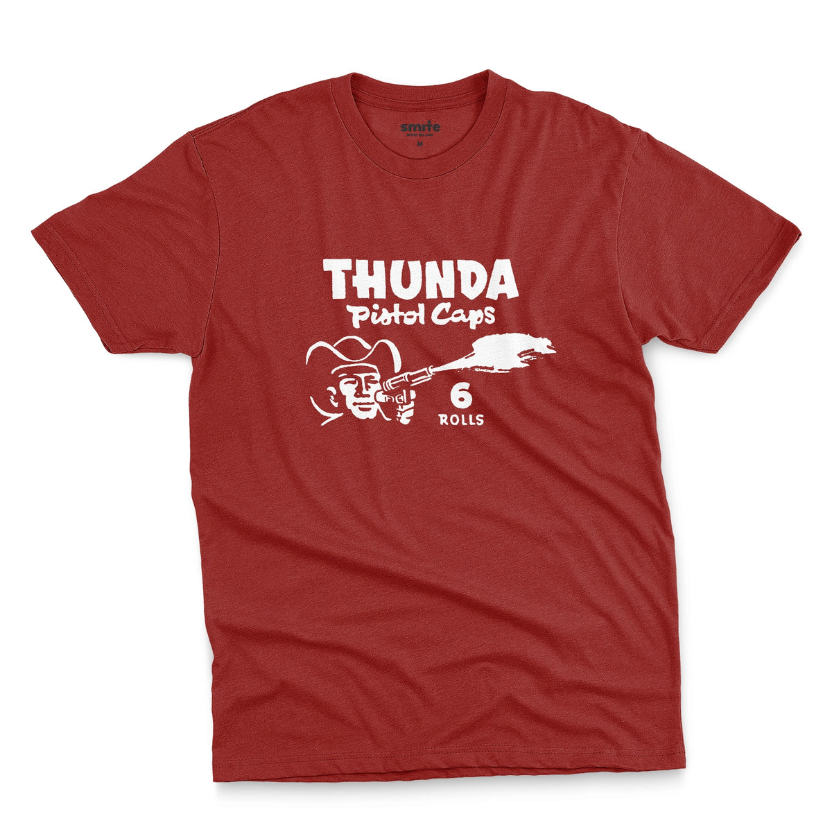 A red t-shirt with retro 1970s packaging graphics for cap gun ammo brand Thunda.