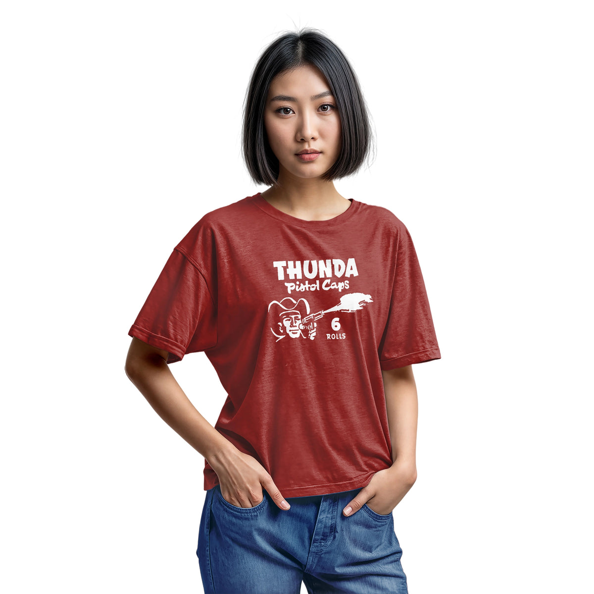 A red t-shirt with retro 1970s packaging graphics for cap gun ammo brand Thunda.