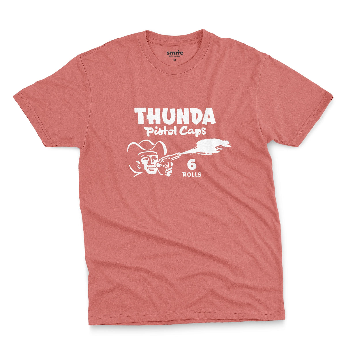 A coral pink t-shirt with retro 1970s packaging graphics for cap gun ammo brand Thunda.
