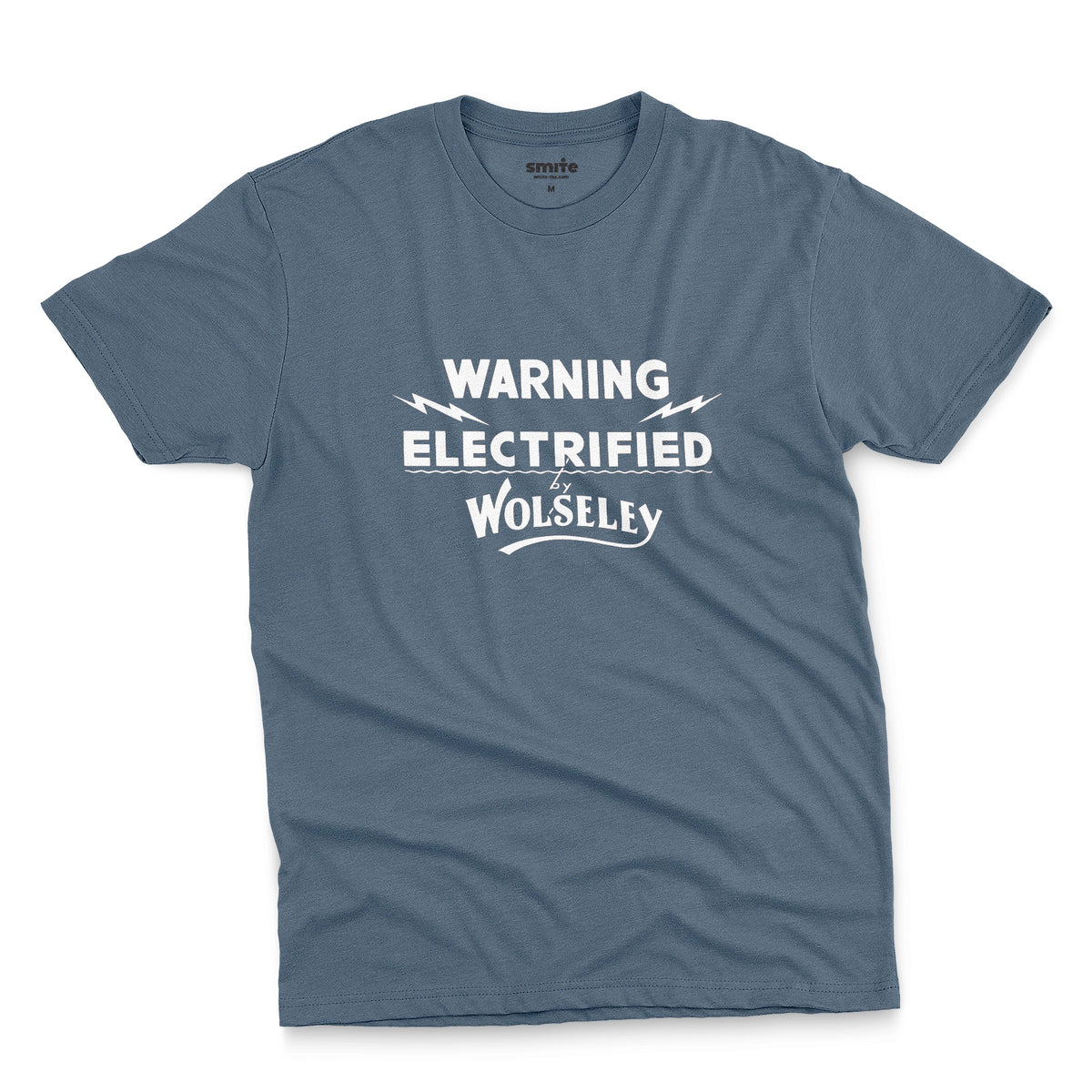 A blue t-shirt with vintage graphics from an electric fence sign for the Wolseley brand from the early 1900s.