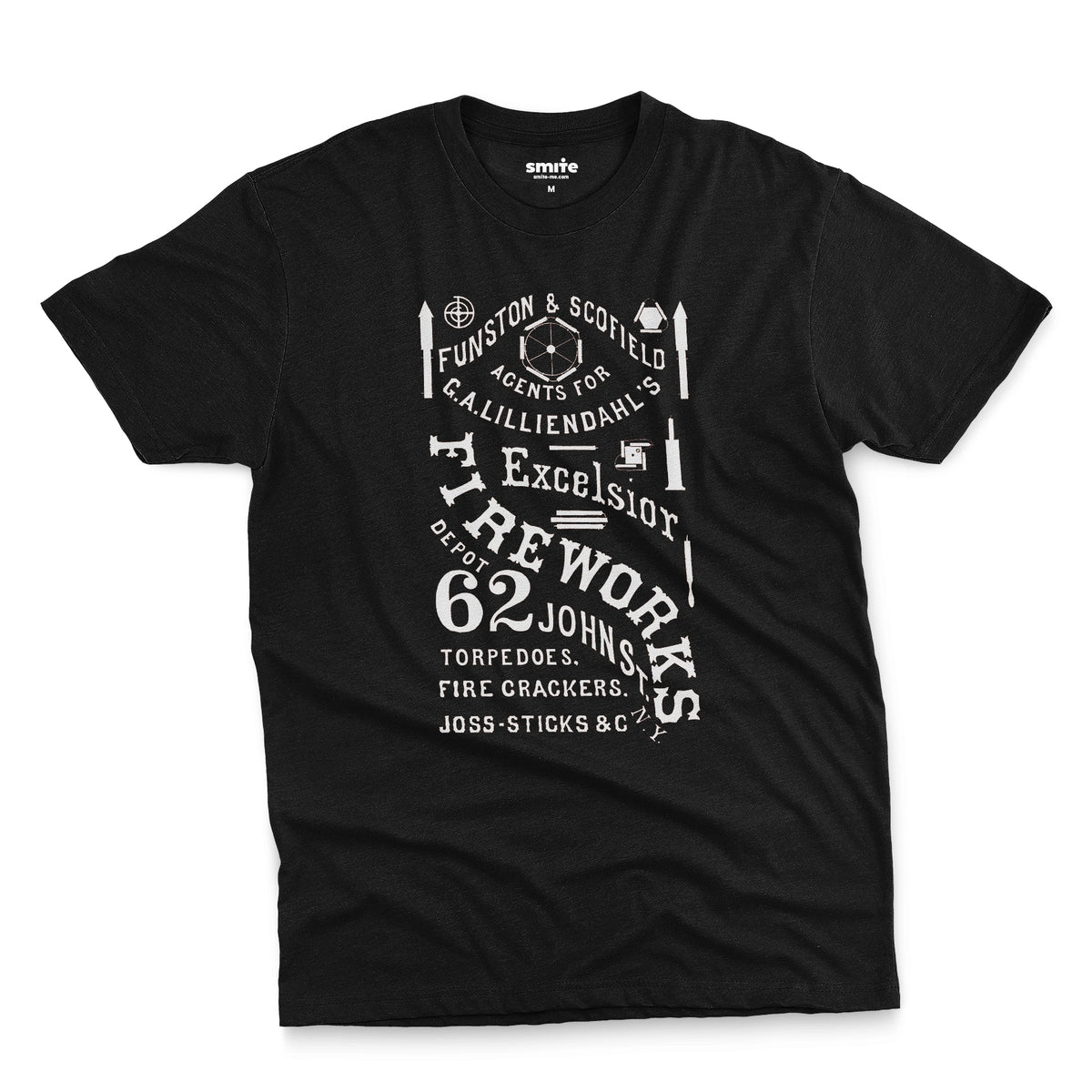 A black t-shirt with a white vintage graphic of Excelsior Fireworks packaging.