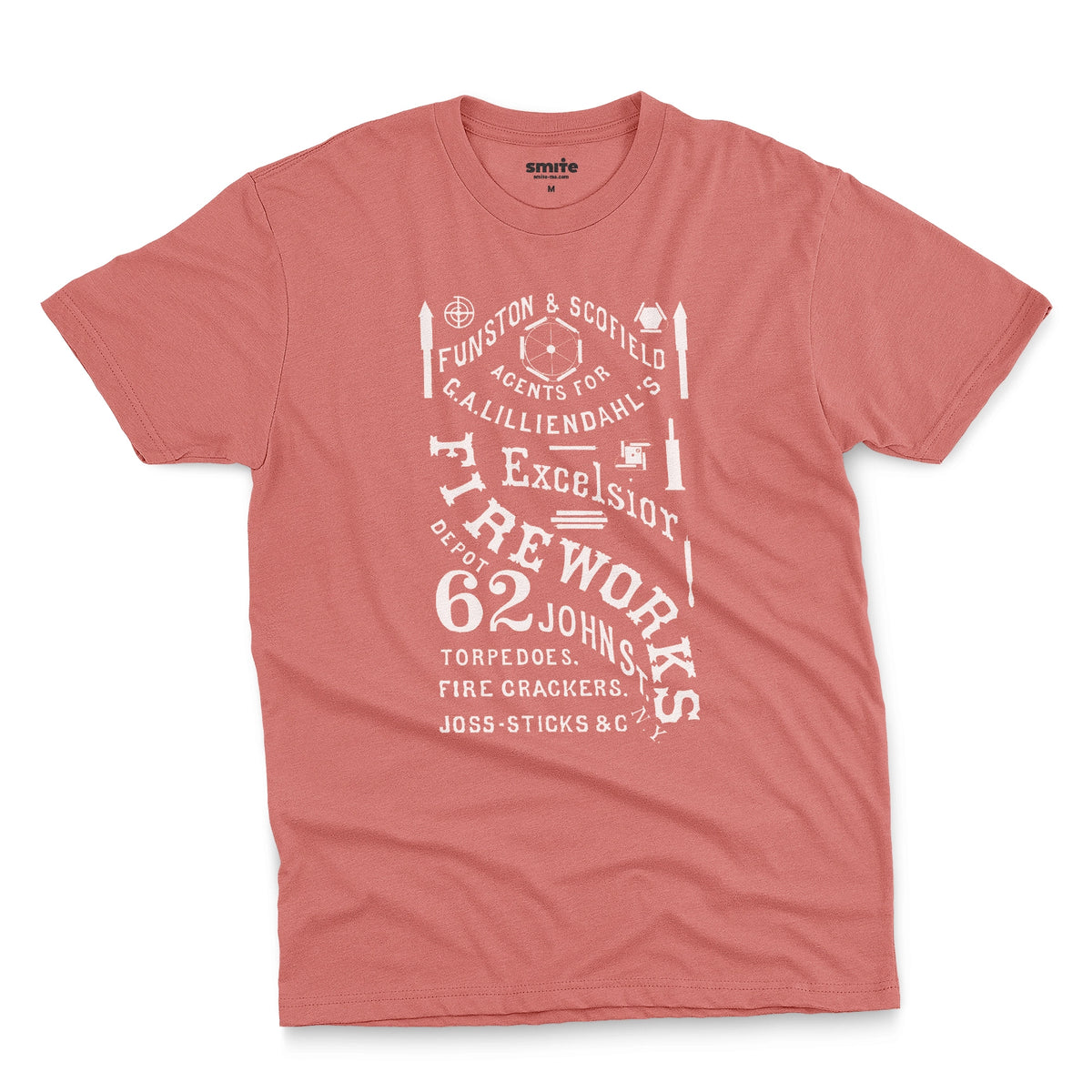 A coral pink t-shirt with a white vintage graphic of Excelsior Fireworks packaging.