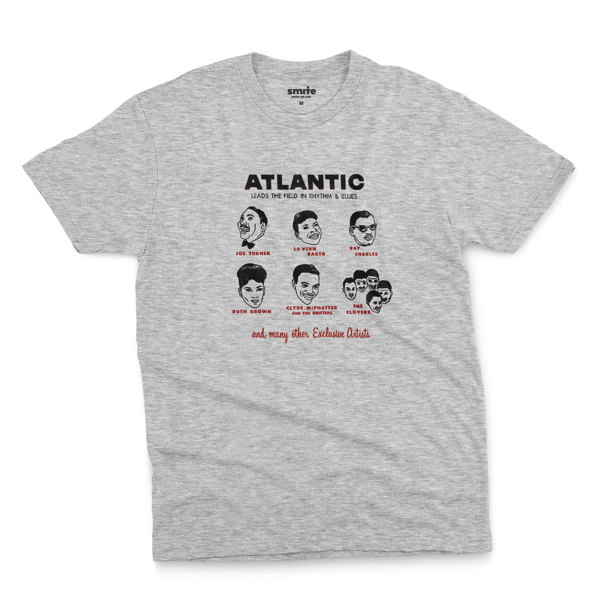 A gray marle t-shirt featuring a vintage promotional graphic of famous rhythm and blues musicians on the Atlantic label from the 1950s.