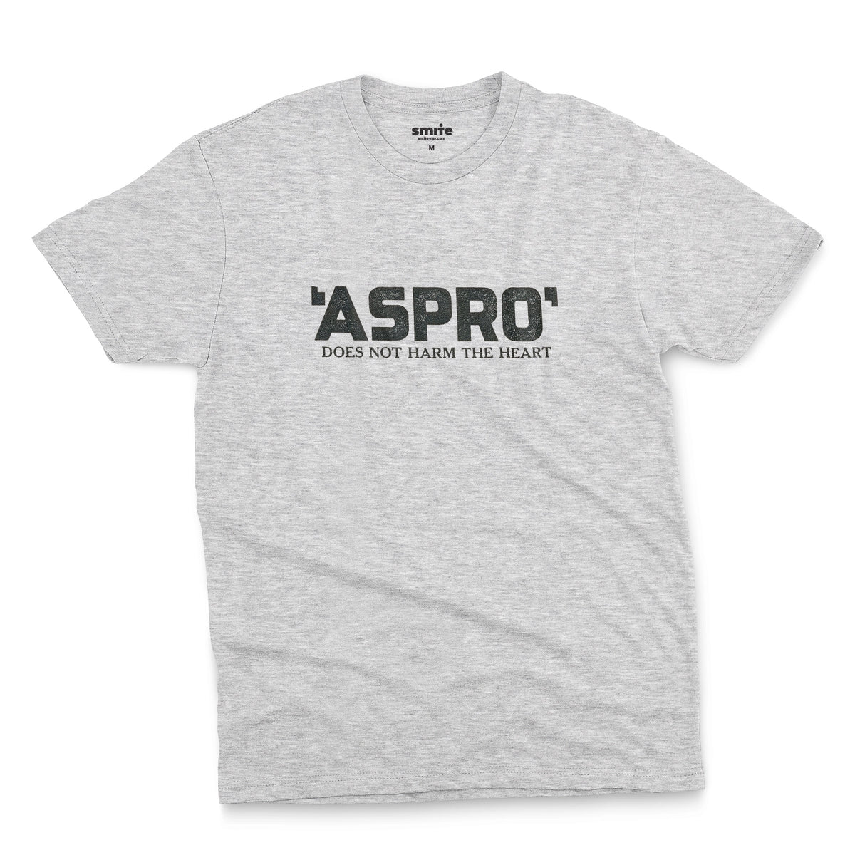 A gray marle t-shirt with a retro Aspro headache tablet logo and the tagline 'DOES NOT HARM THE HEART'.