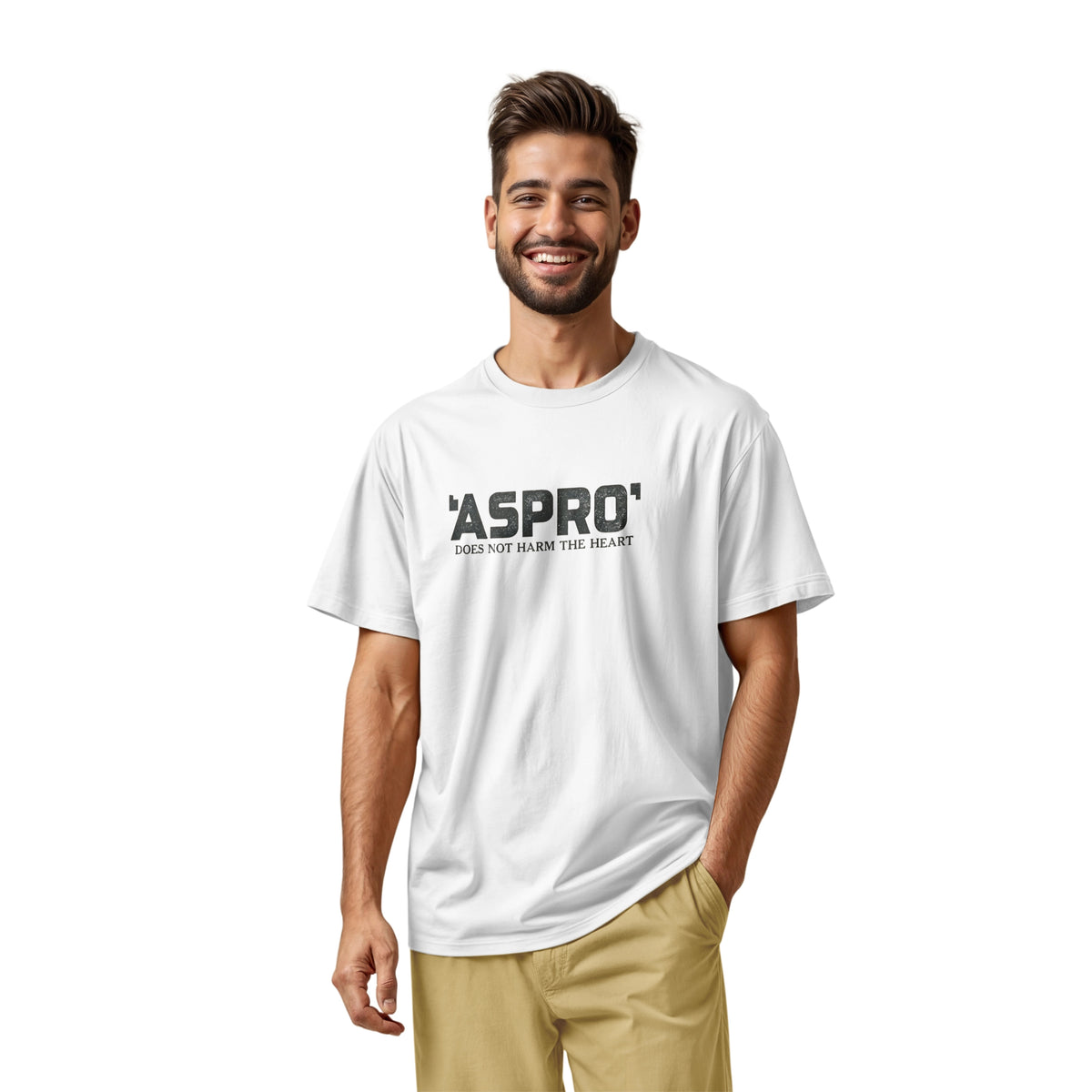 A white t-shirt with a retro Aspro headache tablet logo and the tagline 'DOES NOT HARM THE HEART'.