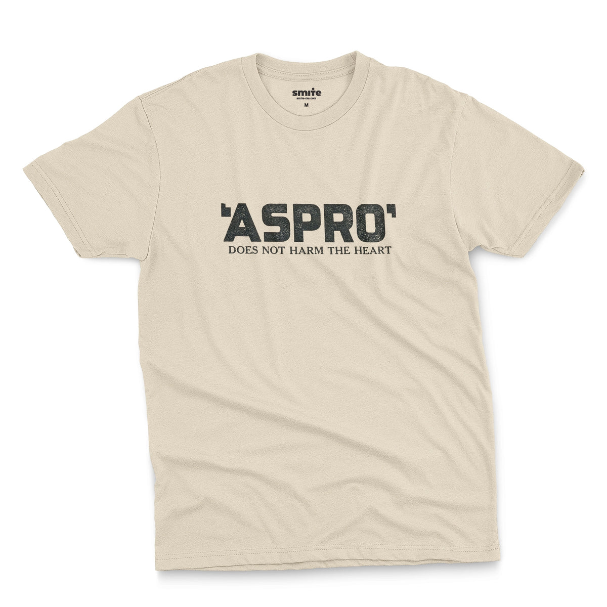 A beige t-shirt with a retro Aspro headache tablet logo and the tagline 'DOES NOT HARM THE HEART'.