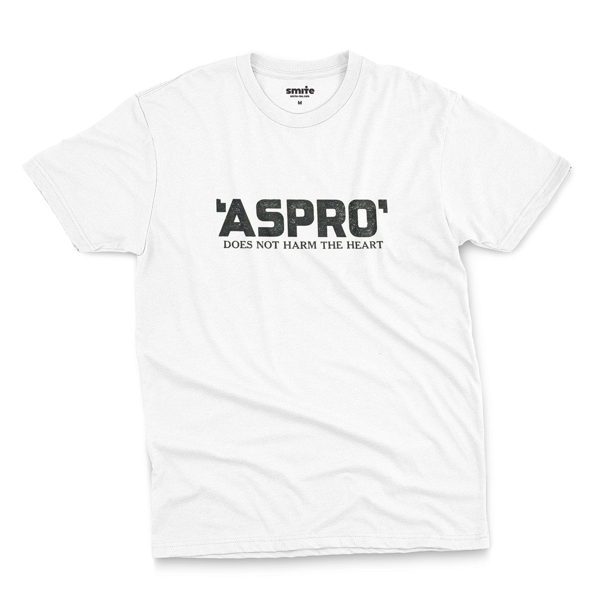 A white t-shirt with a retro Aspro headache tablet logo and the tagline 'DOES NOT HARM THE HEART'.