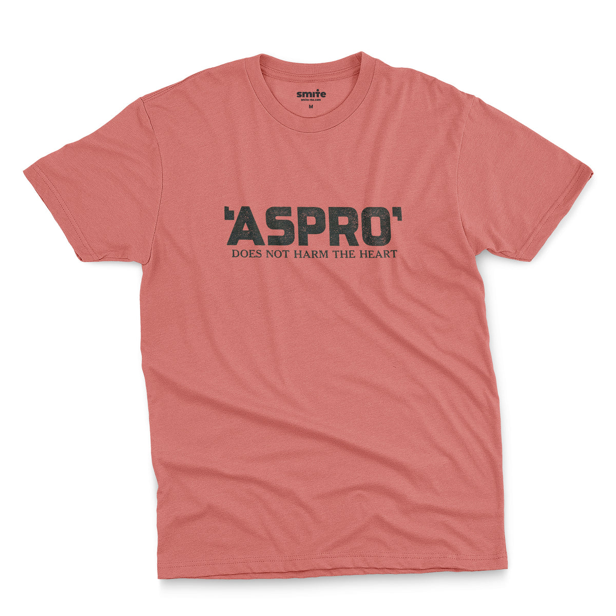 A coral pink t-shirt with a retro Aspro headache tablet logo and the tagline 'DOES NOT HARM THE HEART'.