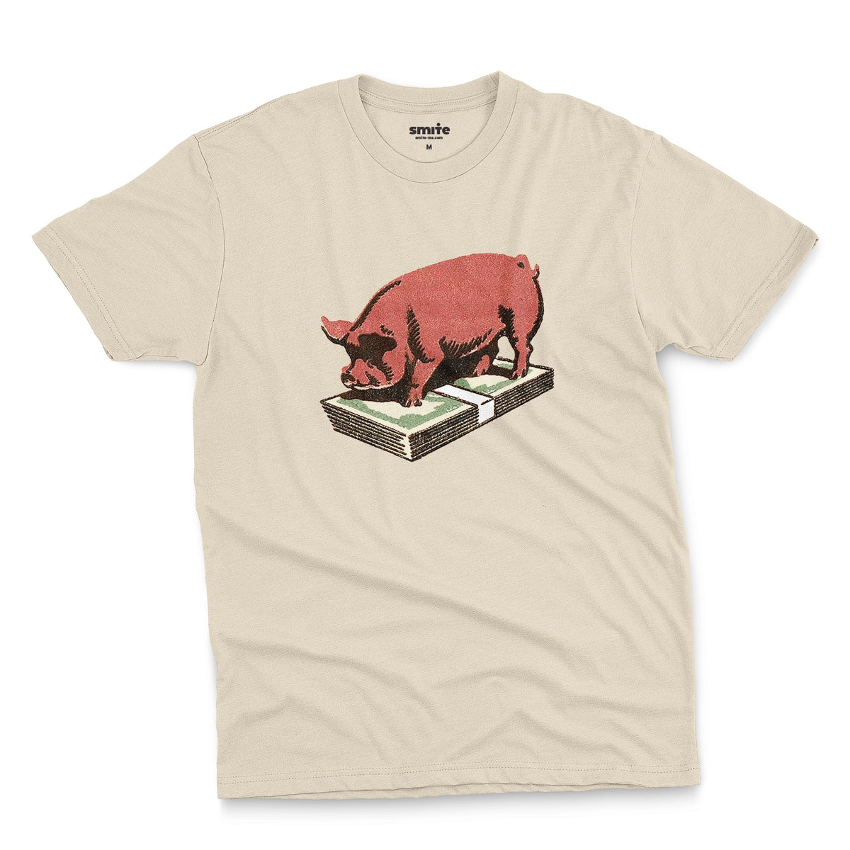 A beige t-shirt featuring a retro graphic print of a pig standing on a stack of cash.