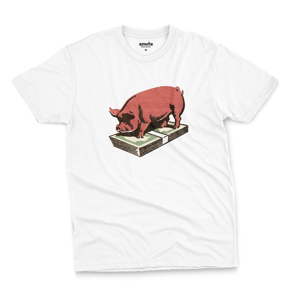 A white t-shirt featuring a retro graphic print of a pig standing on a stack of cash.