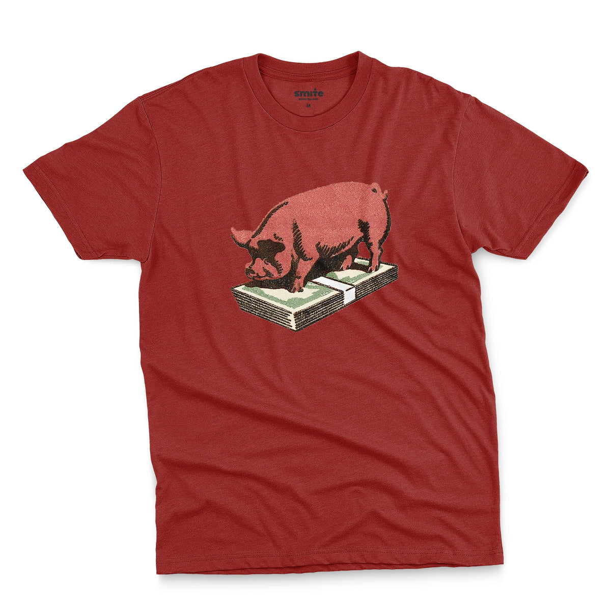 A red t-shirt featuring a retro graphic print of a pig standing on a stack of cash.