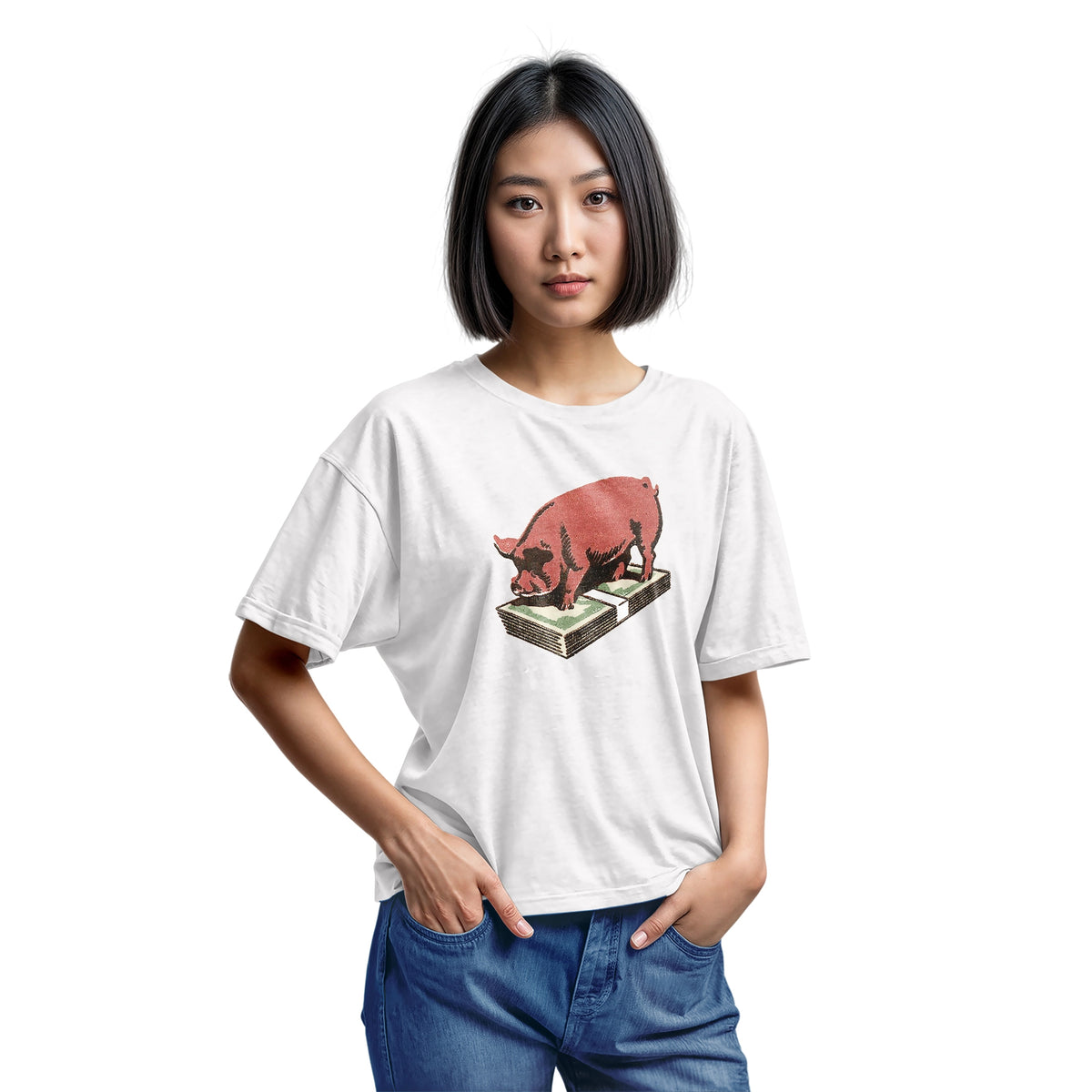 A white t-shirt featuring a retro graphic print of a pig standing on a stack of cash.