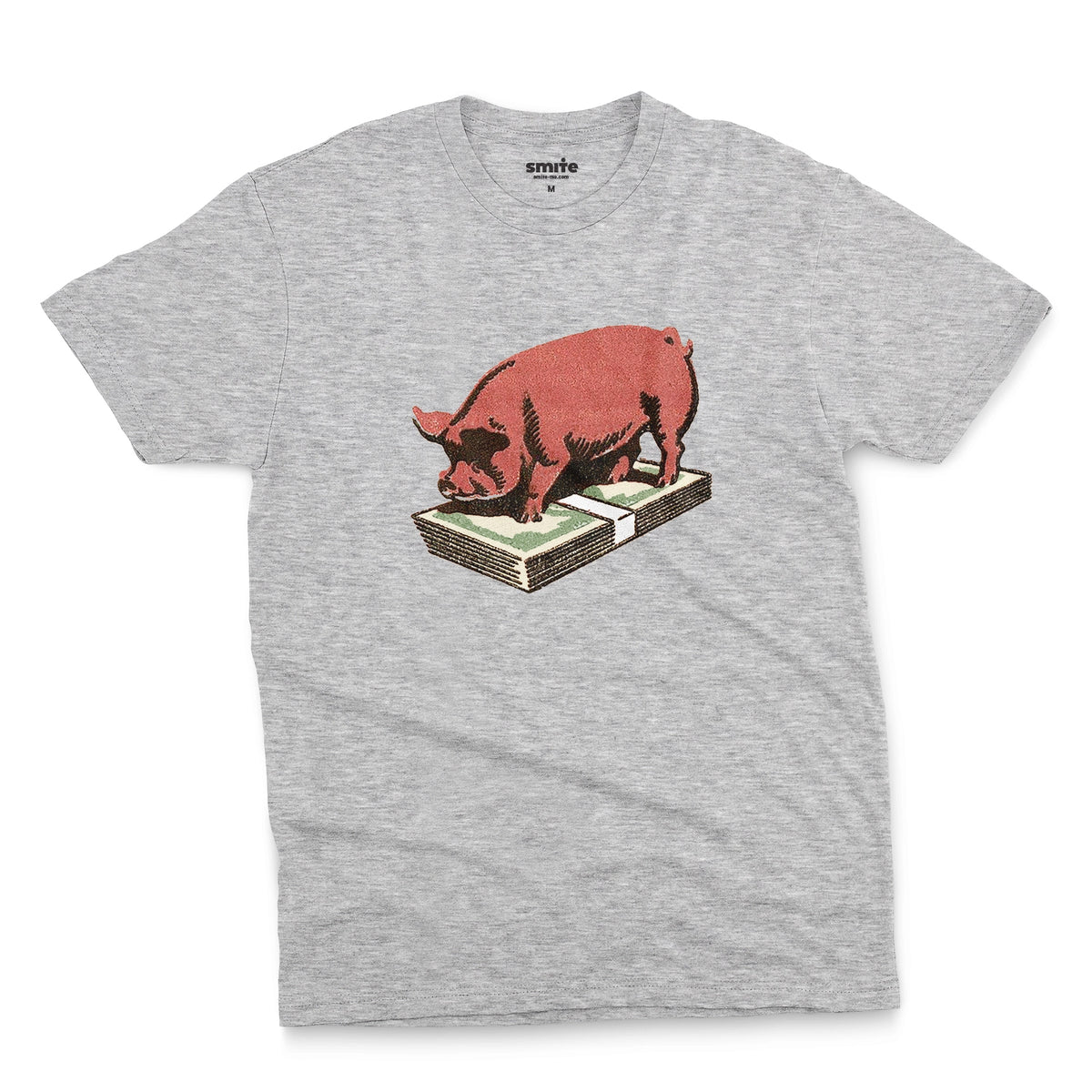 A grey marle t-shirt featuring a retro graphic print of a pig standing on a stack of cash.