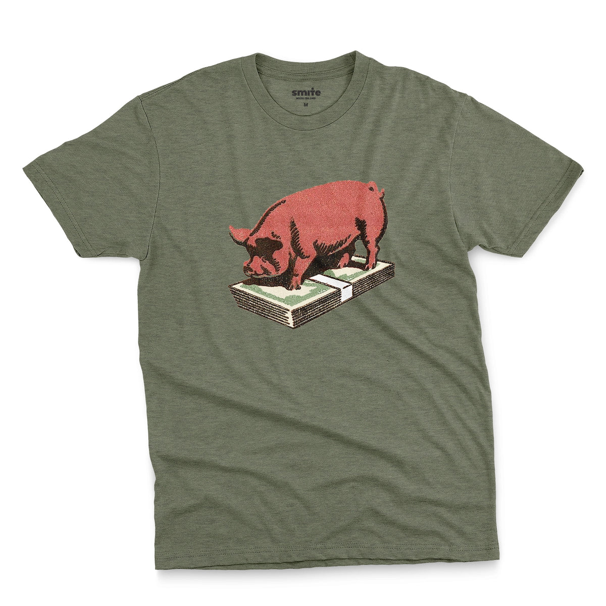 A green t-shirt featuring a retro graphic print of a pig standing on a stack of cash.