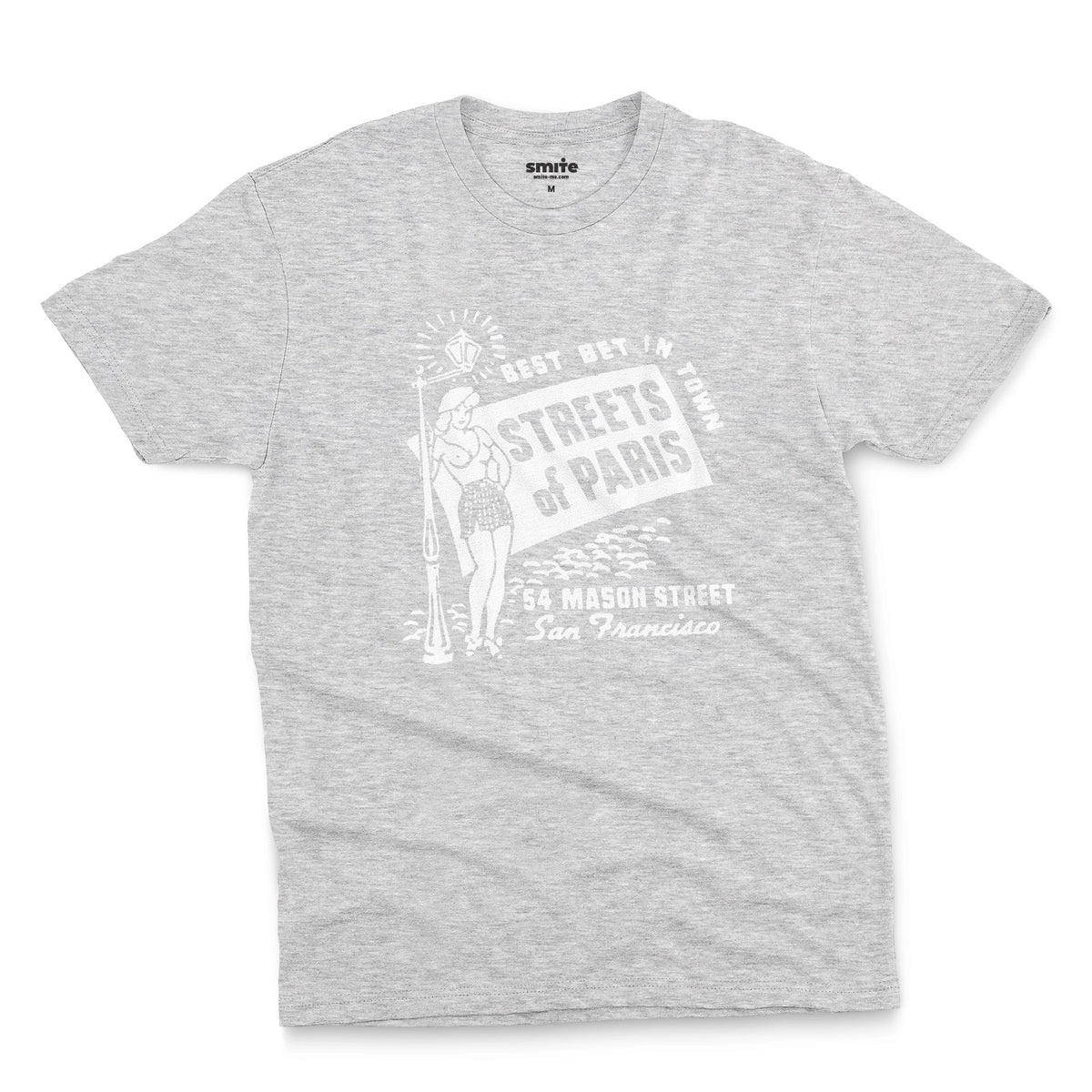 A gray marle t-shirt with a vintage advertisement for 'STREETS OF PARIS', a bar in San Francisco.