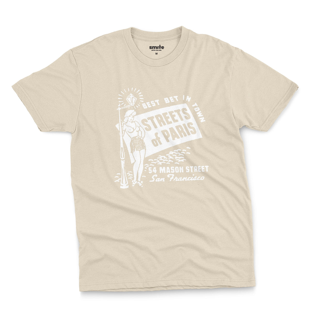 A beige t-shirt with a vintage advertisement for 'STREETS OF PARIS', a bar in San Francisco.