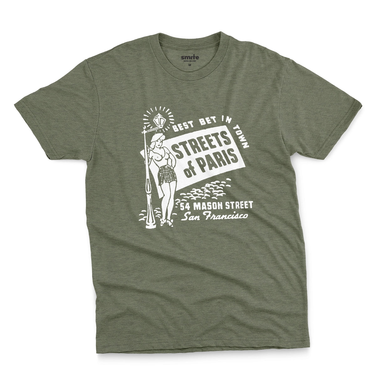 A green t-shirt with a vintage advertisement for 'STREETS OF PARIS', a bar in San Francisco.