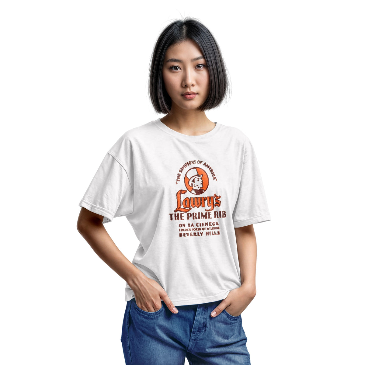 A white t-shirt with a vintage advertisement for 'Lawry's The Prime Rib' restaurant in Beverly Hills.