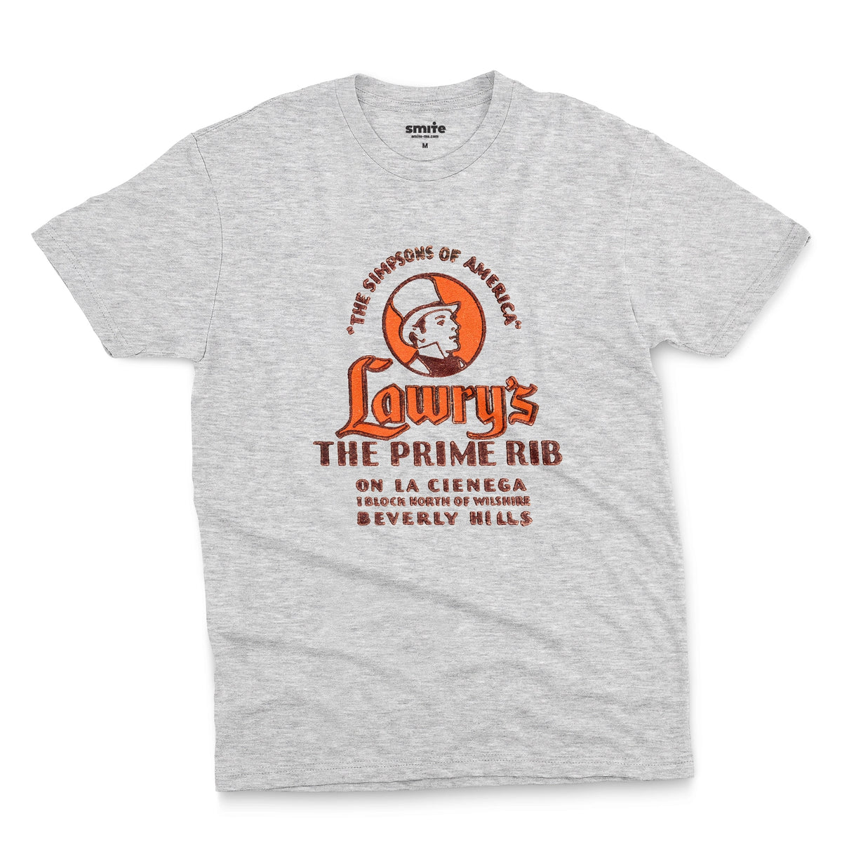 A gray marle t-shirt with a vintage advertisement for 'Lawry's The Prime Rib' restaurant in Beverly Hills.