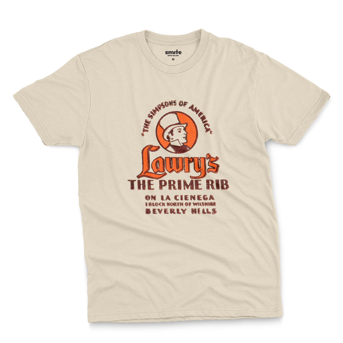 A beige t-shirt with a vintage advertisement for 'Lawry's The Prime Rib' restaurant in Beverly Hills.