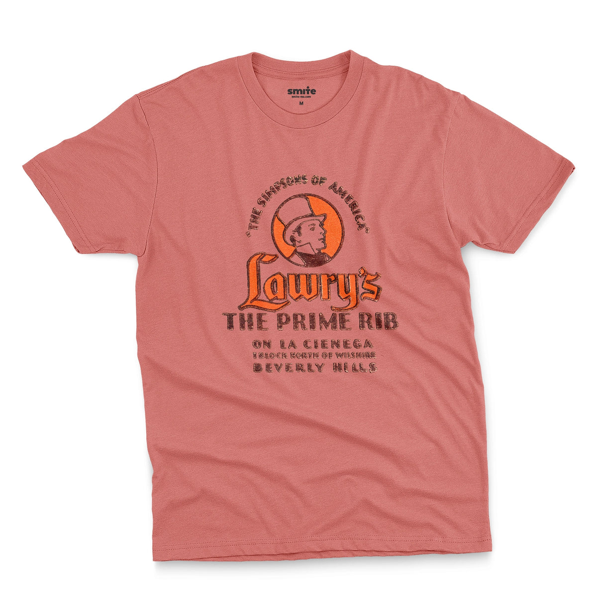 A coral pink t-shirt with a vintage advertisement for 'Lawry's The Prime Rib' restaurant in Beverly Hills.