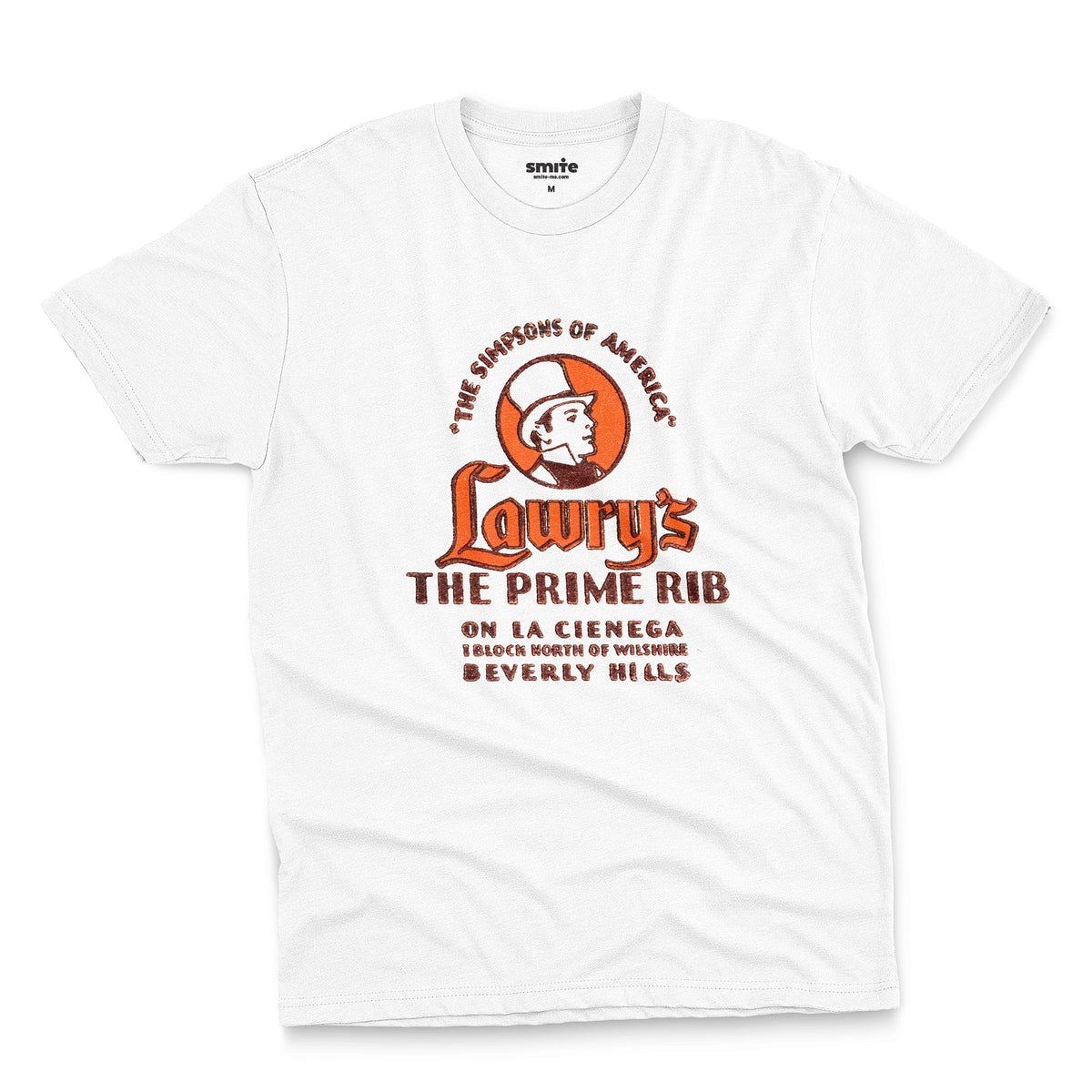 A white t-shirt with a vintage advertisement for 'Lawry's The Prime Rib' restaurant in Beverly Hills.