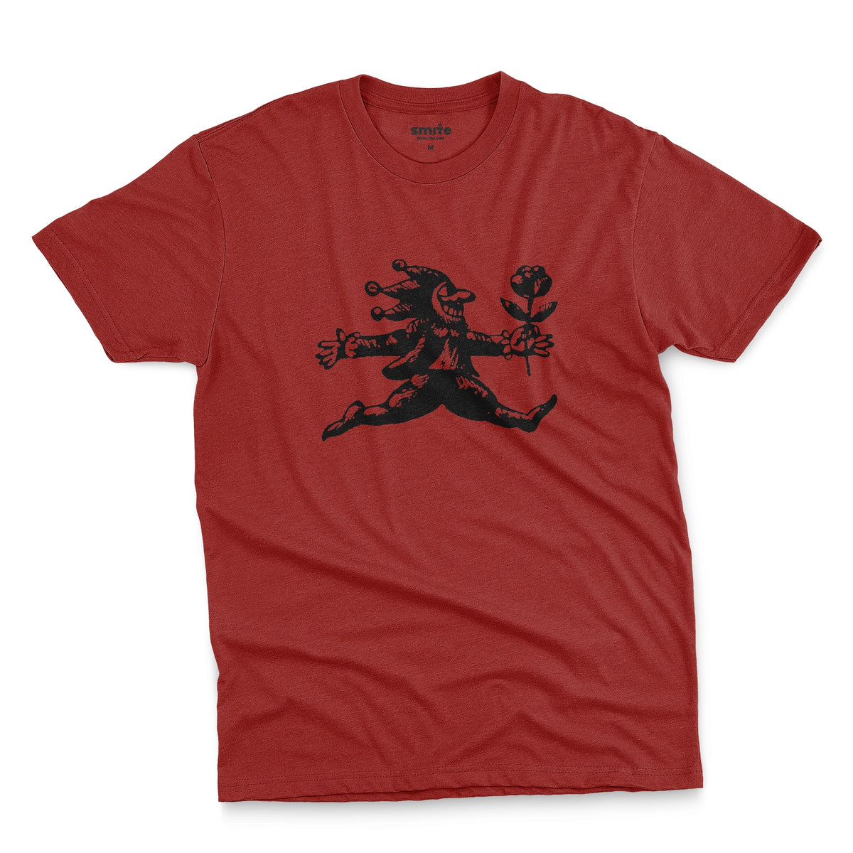 A red t-shirt with an engraved illustration of a jester holding a rose from the early 1900s.