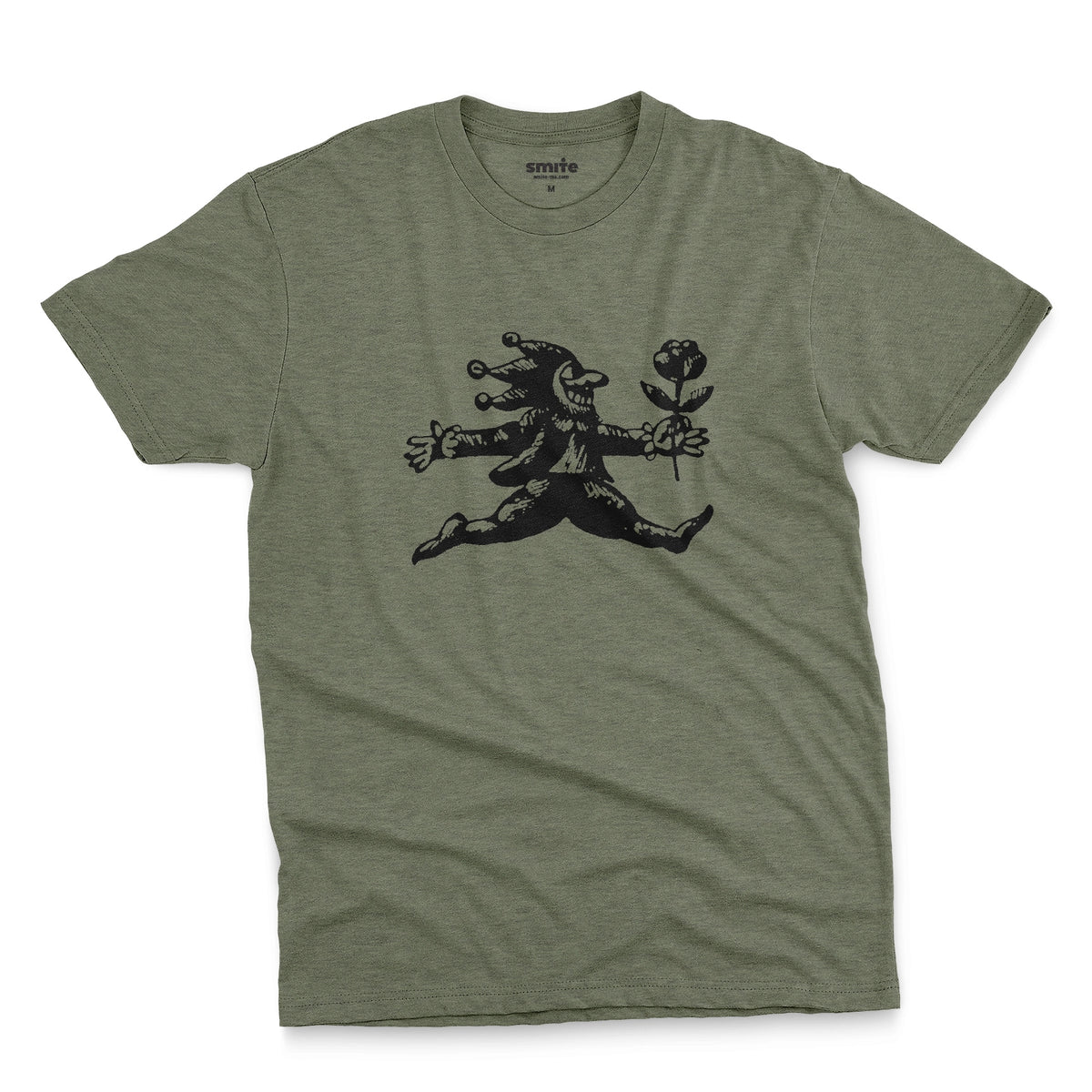 A green t-shirt with an engraved illustration of a jester holding a rose from the early 1900s.