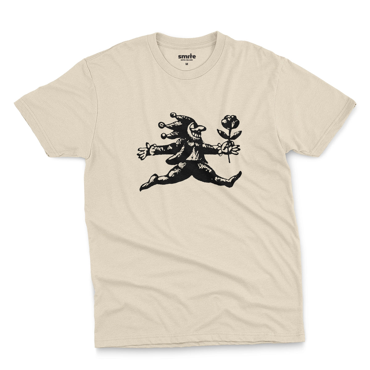 A beige t-shirt with an engraved illustration of a jester holding a rose from the early 1900s.