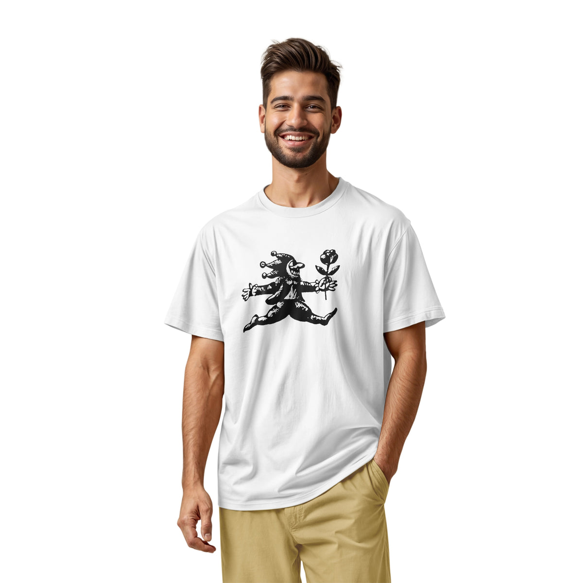 A white t-shirt with an engraved illustration of a jester holding a rose from the early 1900s.