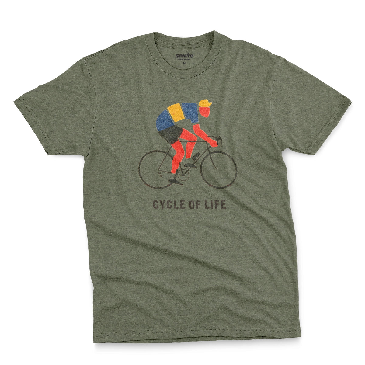 A green t-shirt featuring a graphic of a cyclist riding a road bike with the text 'CYCLE OF LIFE' printed below.