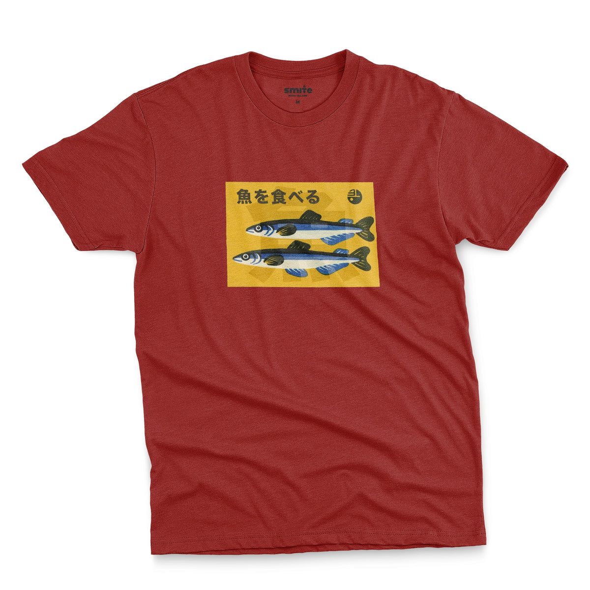 A red t-shirt with a rectangular graphic print on the chest showing two blue and silver fish on a yellow background with the Japanese text 'Eat Fish'.