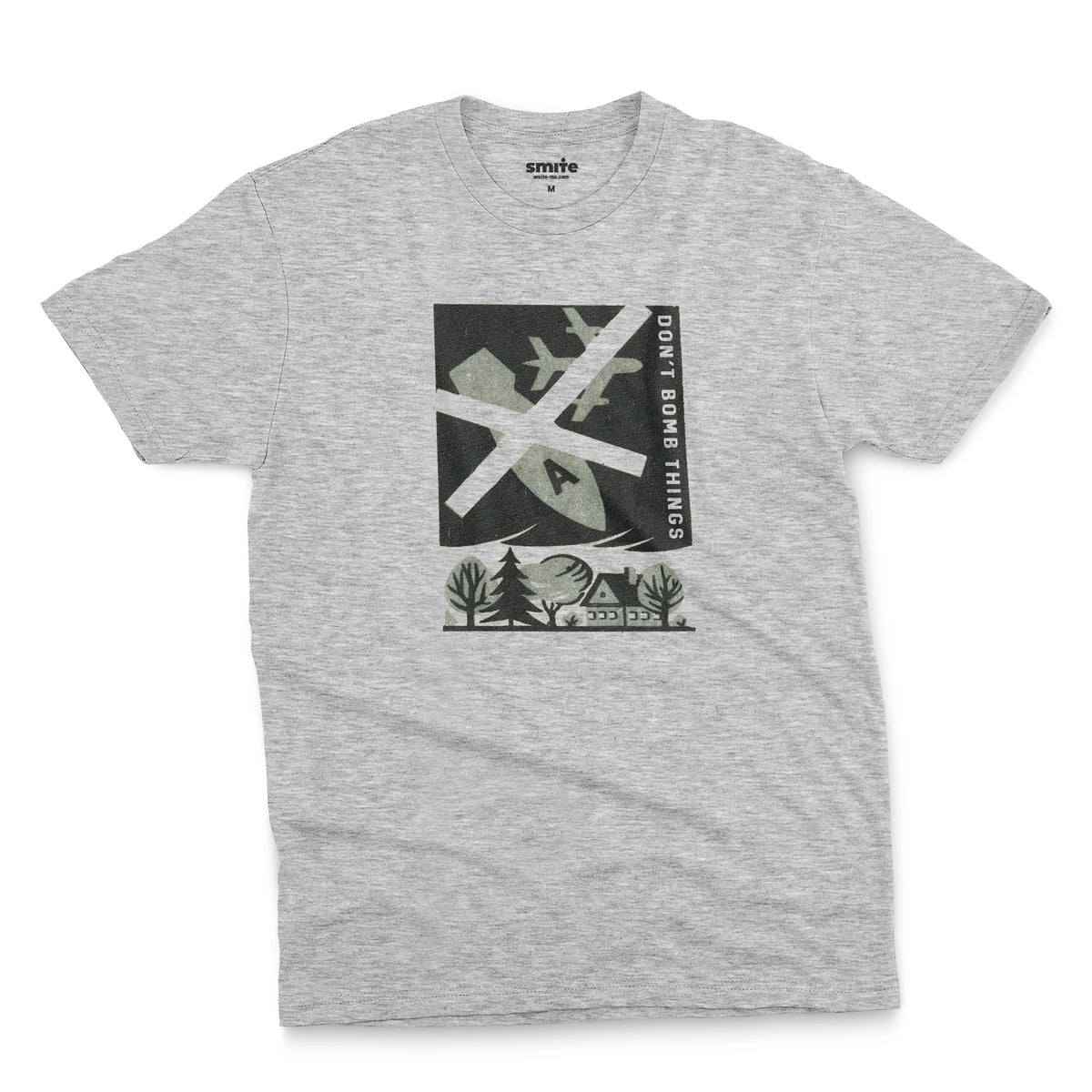 A grey marle t-shirt with a retro graphic print of an anti-war message featuring a cross, a plane, a house, and the text 'DON'T BOMB THINGS'.