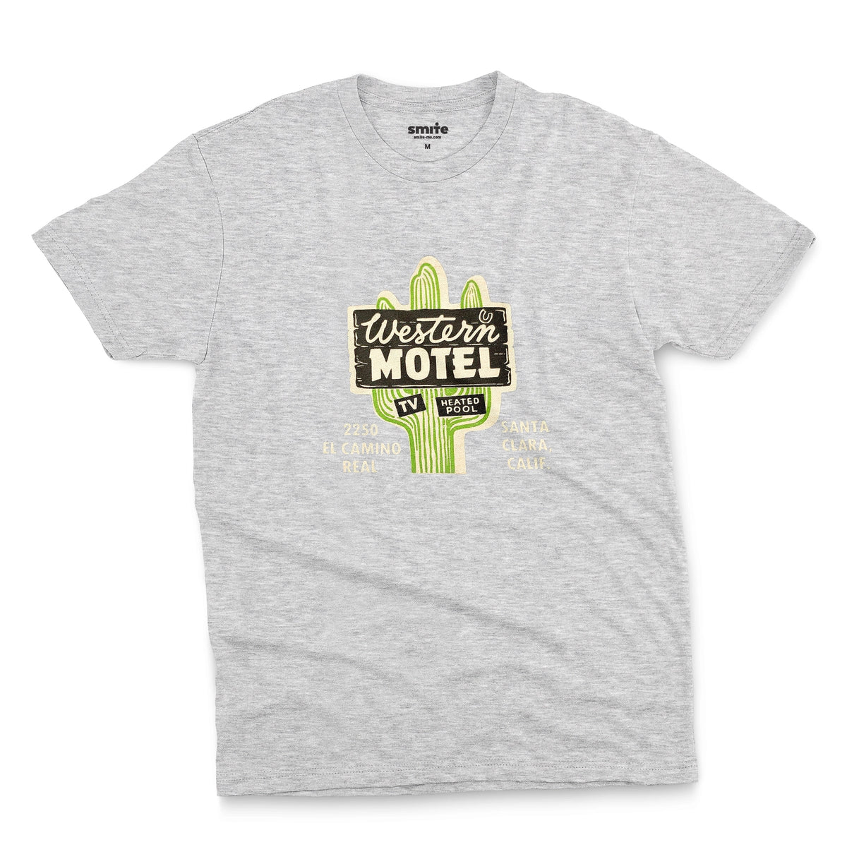 A gray marle t-shirt featuring a vintage advertisement for 'Western Motel' in Santa Clara, California.