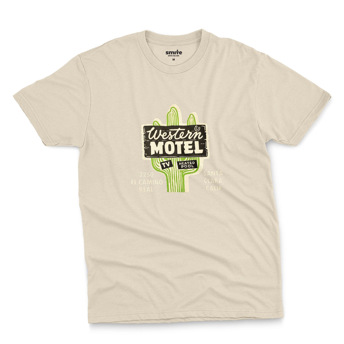A beige t-shirt featuring a vintage advertisement for 'Western Motel' in Santa Clara, California.