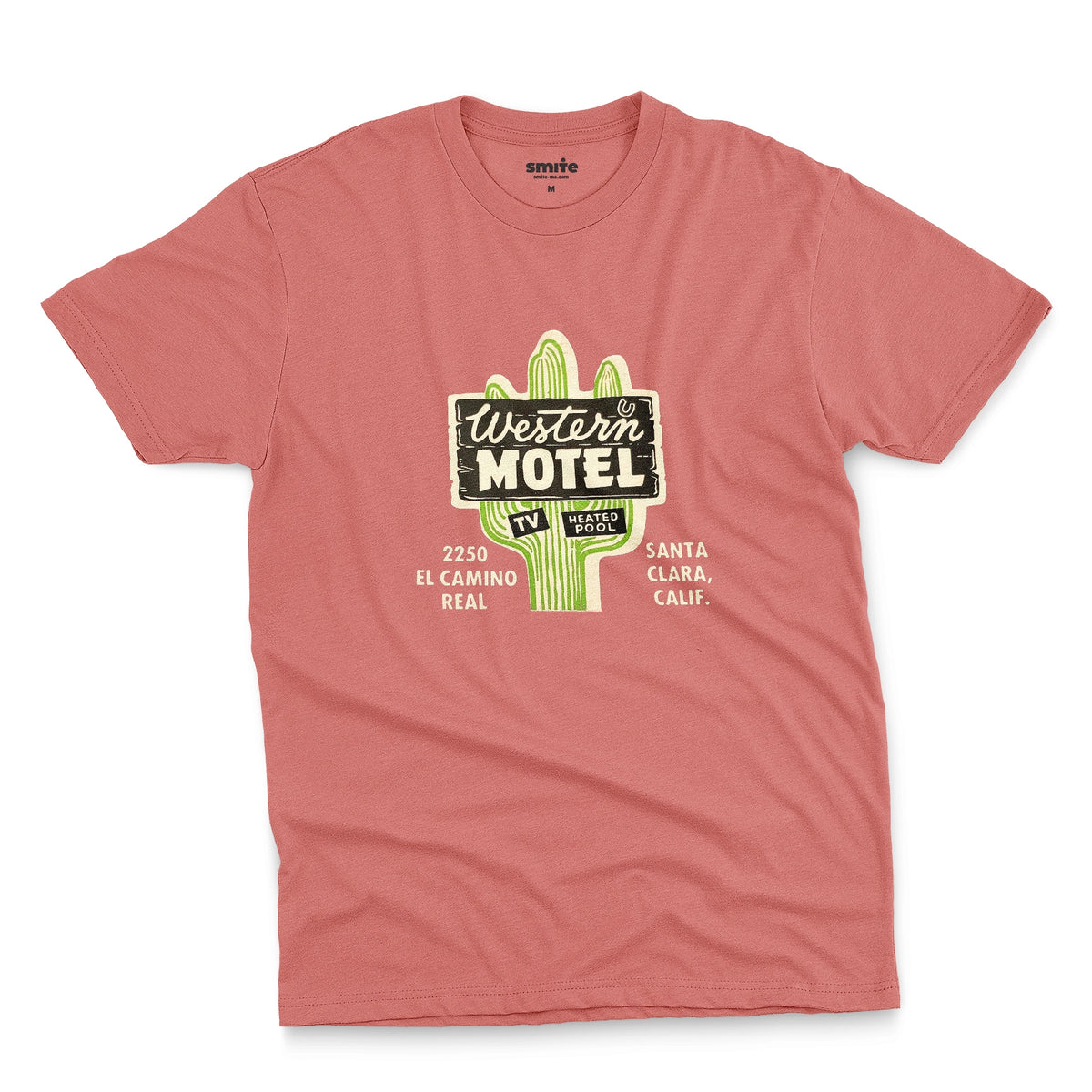 A coral pink t-shirt featuring a vintage advertisement for 'Western Motel' in Santa Clara, California.