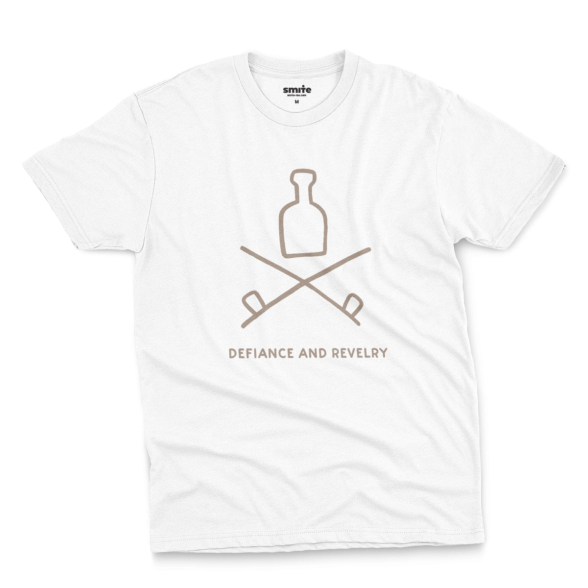 A white t-shirt with a grey graphic of a bottle and crossed smoking pipes beneath it and the words defiance and revelry. The graphic is from an 1800s Australian convict tattoo.