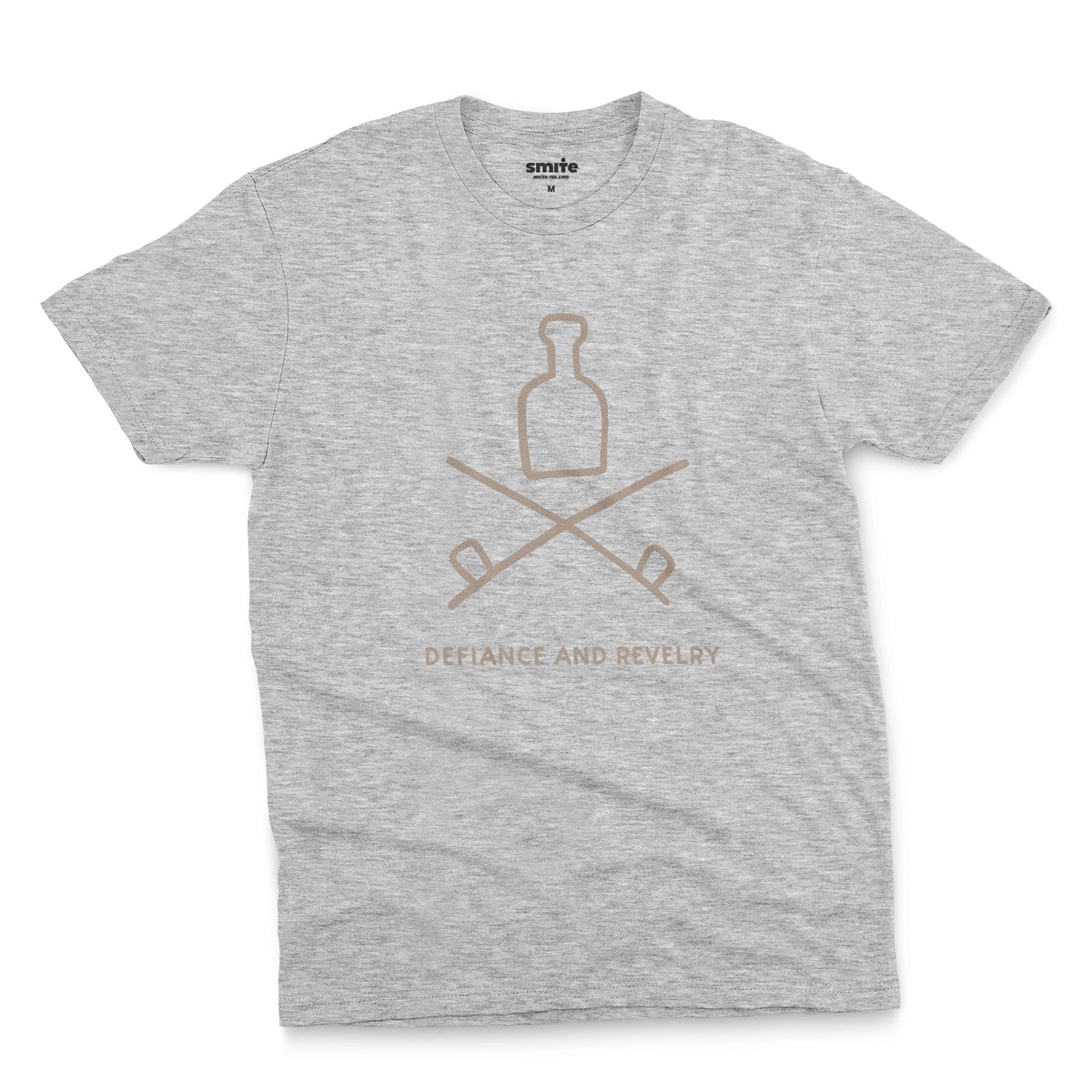 A grey marle t-shirt with a grey graphic of a bottle and crossed smoking pipes beneath it and the words defiance and revelry. The graphic is from an 1800s Australian convict tattoo.