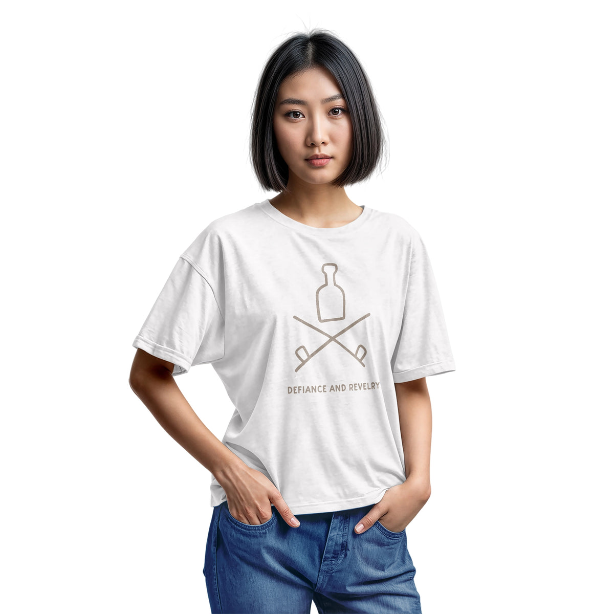 A white t-shirt with a grey graphic of a bottle and crossed smoking pipes beneath it and the words defiance and revelry. The graphic is from an 1800s Australian convict tattoo.
