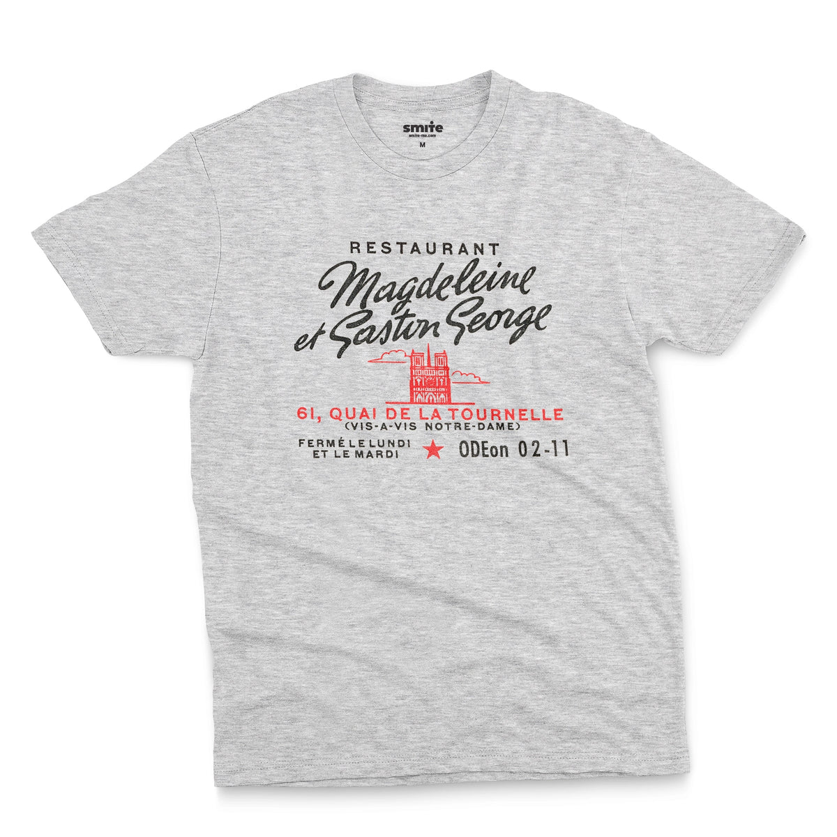 A gray marle t-shirt with a vintage advertisement for the 'Magdeleine et Gaston George' restaurant in Paris, France.