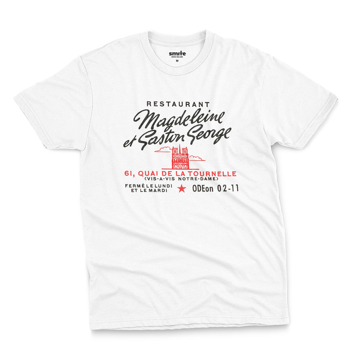 A white t-shirt with a vintage advertisement for the 'Magdeleine et Gaston George' restaurant in Paris, France.