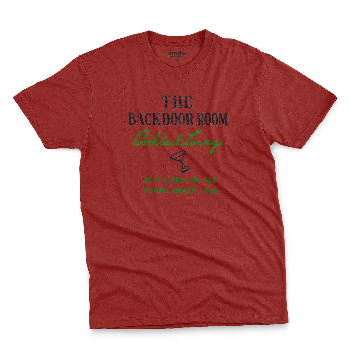 A red t-shirt with a retro advertisement for 'THE BACKDOOR ROOM Cocktail Lounge' on Miami Beach, Florida.