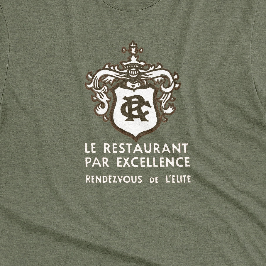 A green t-shirt with the logo for RC French restaurant.
