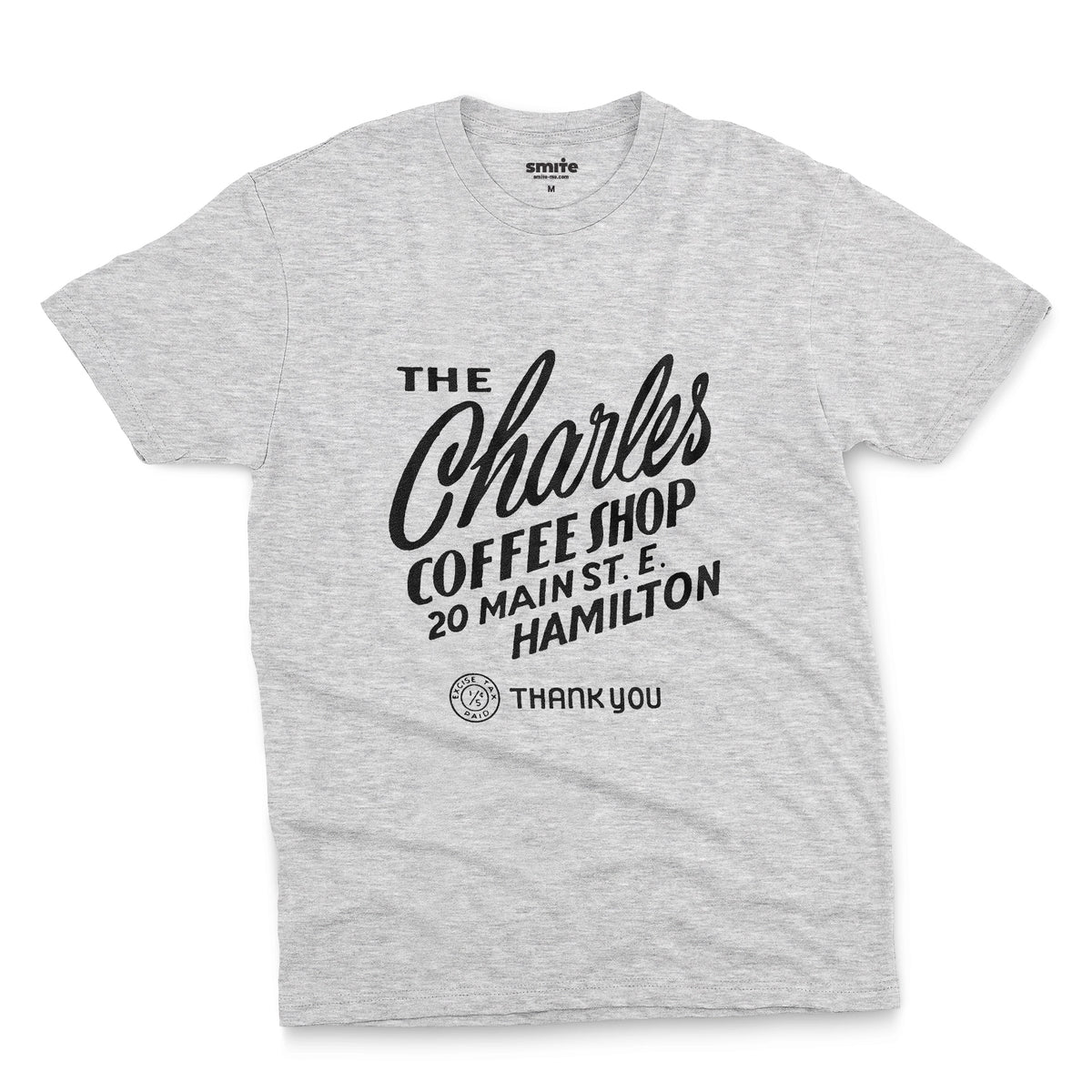 A gray marle t-shirt with a retro typographic logo for The Charles Coffee Shop in Hamilton.