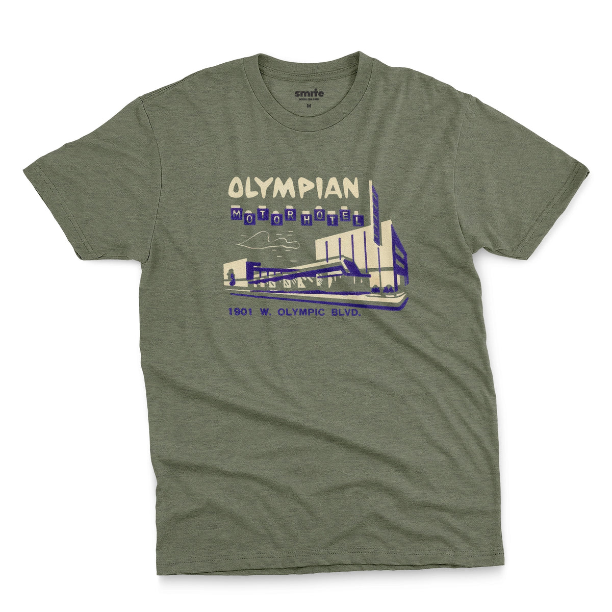 A green t-shirt with a vintage advertisement for the Olympian Motor Hotel.