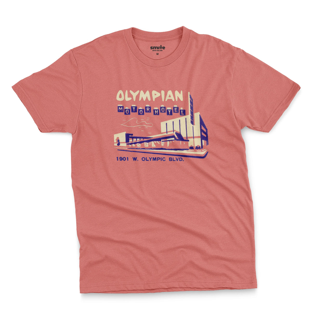 A coral pink t-shirt with a vintage advertisement for the Olympian Motor Hotel.