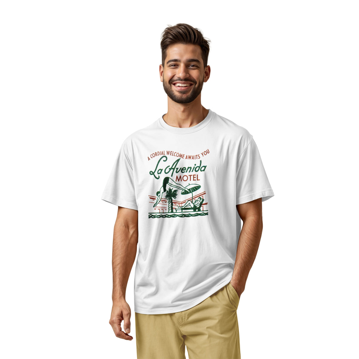 A white t-shirt featuring a retro advertisement for La Avenida Motel from the 1960s.