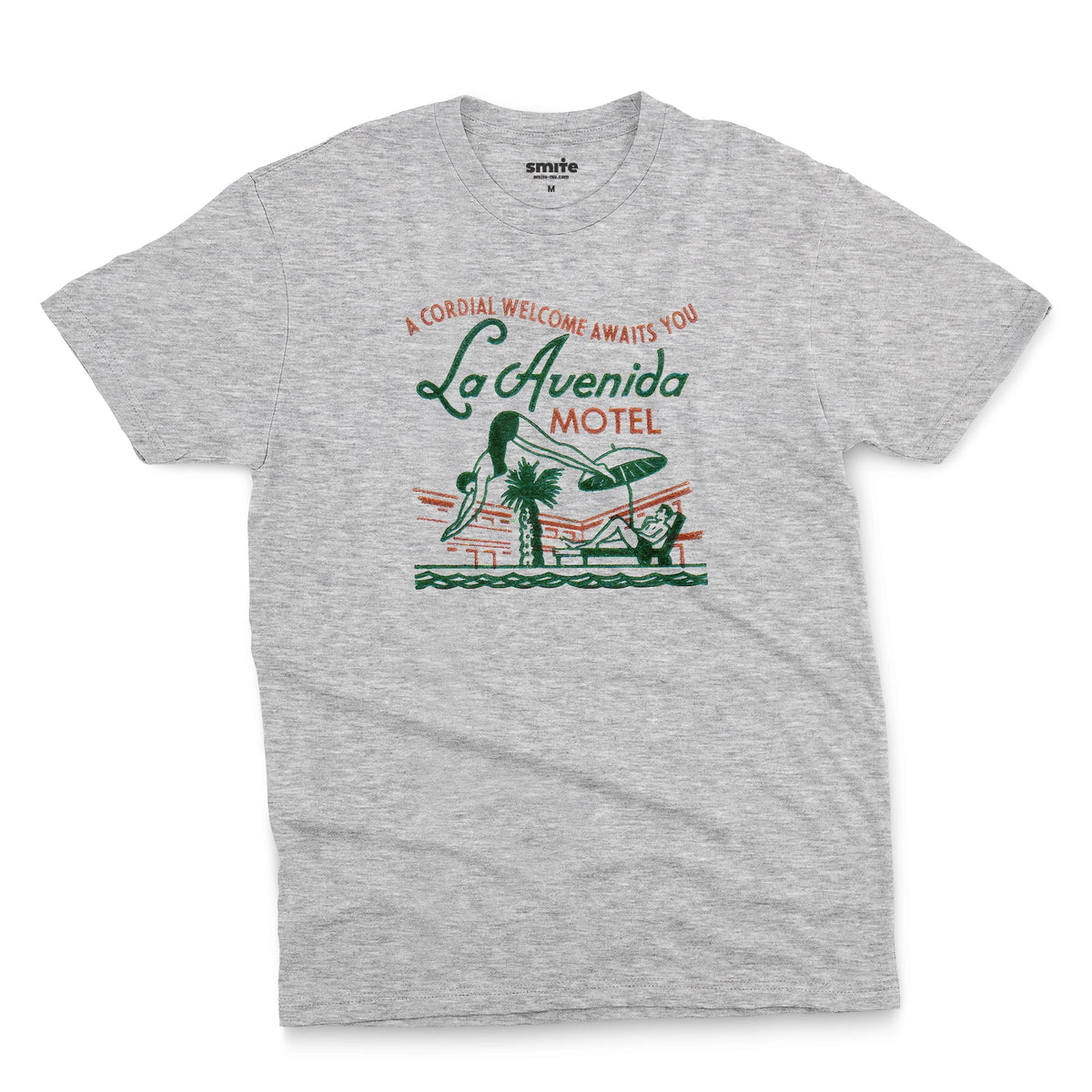 A gray marle t-shirt featuring a retro advertisement for La Avenida Motel from the 1960s.