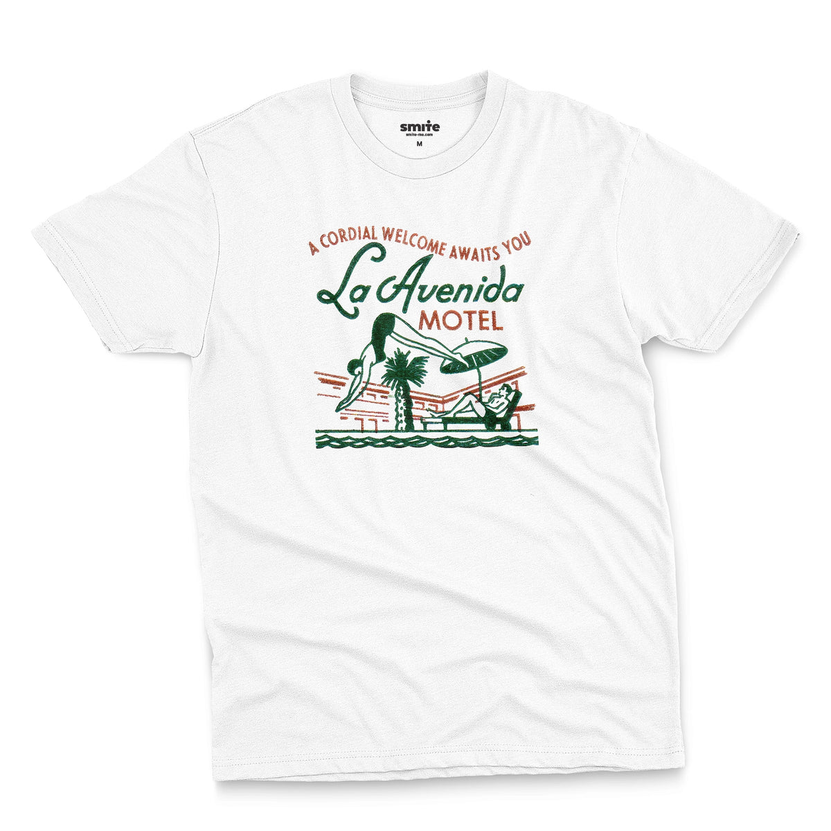 A white t-shirt featuring a retro advertisement for La Avenida Motel from the 1960s.