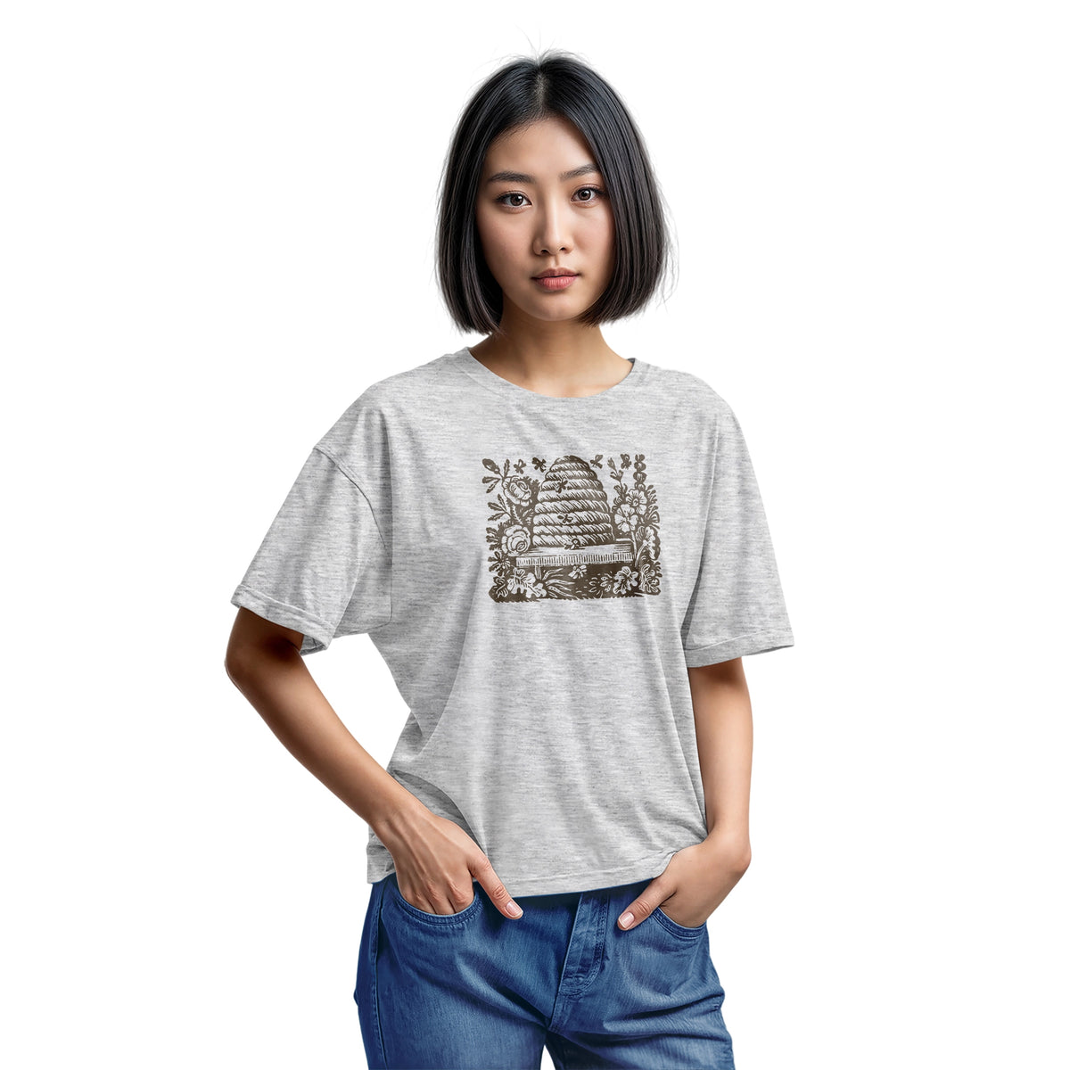 A gray marle t-shirt featuring a retro engraved graphic print of a beehive surrounded by flowers.